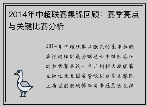 2014年中超联赛集锦回顾：赛季亮点与关键比赛分析