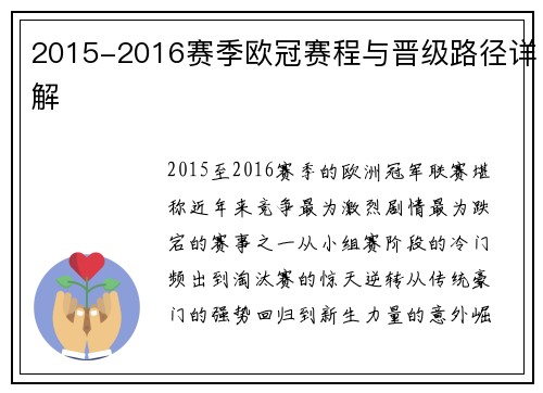 2015-2016赛季欧冠赛程与晋级路径详解